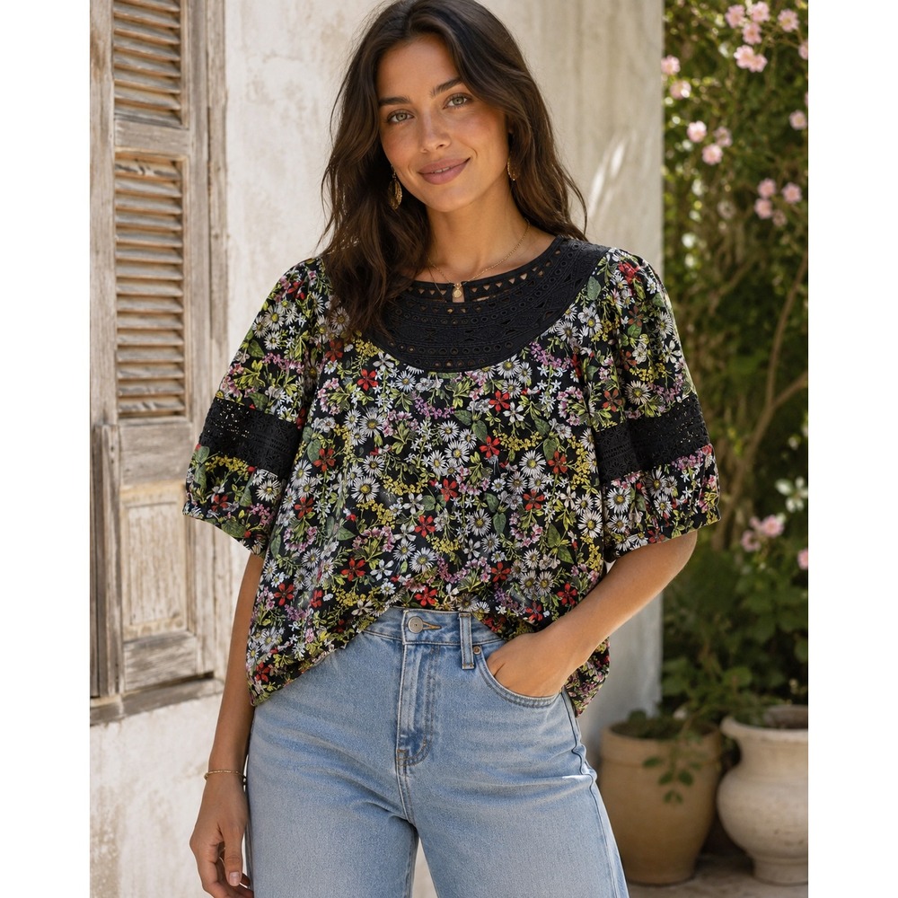 Anthropologie Pilcro Breann Lace Trim L Black Floral Short Sleeve Top Cottage